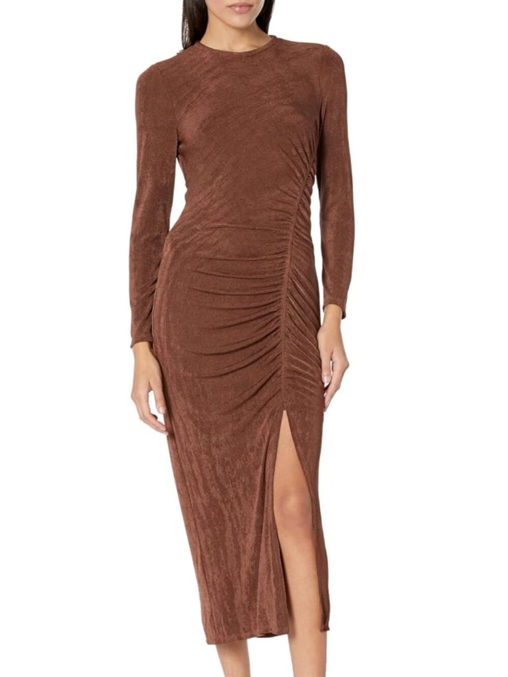 Donna Morgan Ruched Long Sleeve Midi Dress - Rum Raisin/Brown - 4